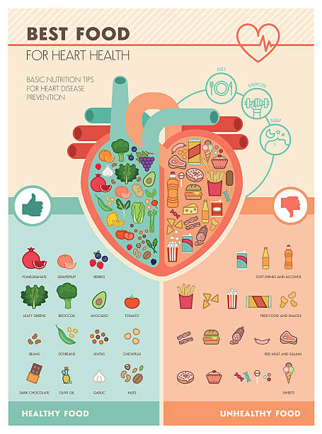 Ornish Diet  - Human heart with healthy fresh vegetables on one side and junk unhealthy food on the other side, healthy food for heart infographic