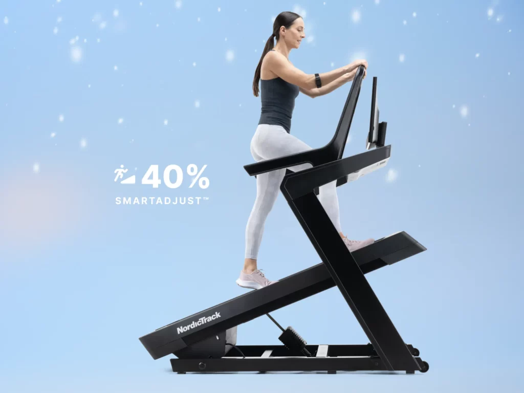 A woman on a NordicTrack Treadmill with a tilt.