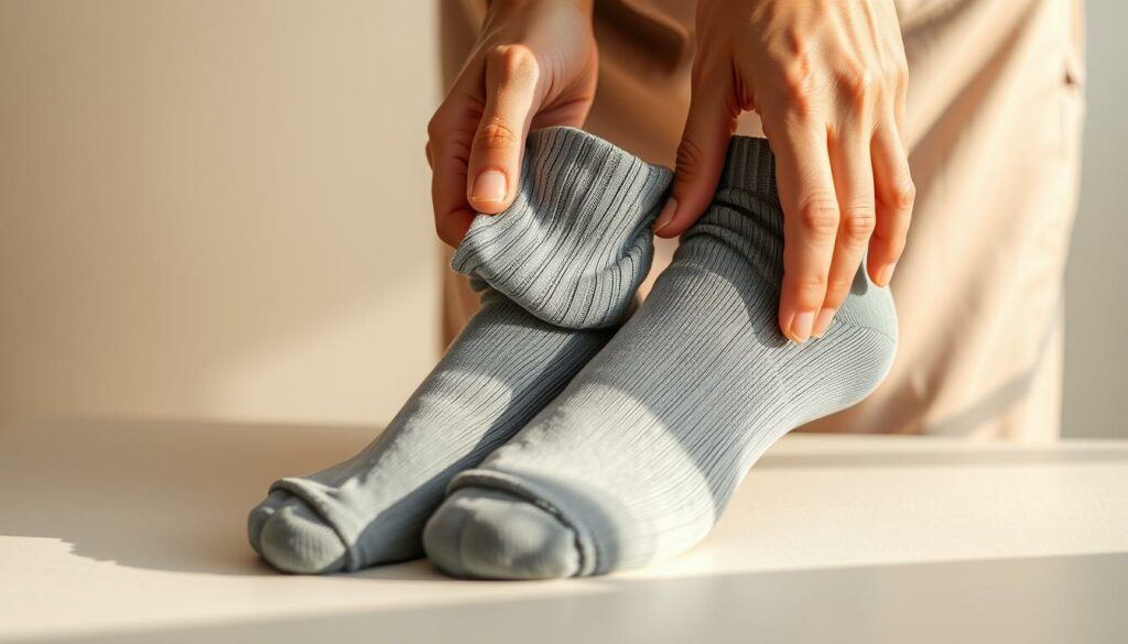 A person gently folding a pair of neuropathy socks, their hands carefully smoothing the soft, therapeutic fabric. The socks are a calming shade of gray, with subtle ribbing and a reinforced heel and toe for added support. The scene is bathed in warm, natural lighting, highlighting the delicate care and attention being given to the task. The background is a serene, minimalist setting, allowing the focus to remain on the socks and the person's attentive movements. The overall mood is one of tranquility and thoughtfulness, reflecting the importance of properly caring for specialized medical equipment designed to provide comfort and relief.