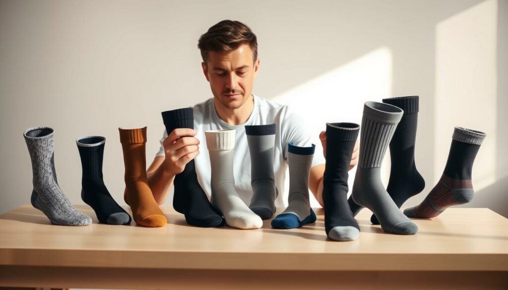 A well-lit studio scene of a person sitting at a table, examining a variety of neuropathy socks. The socks are displayed neatly, showcasing their different styles, fabrics, and features. The person is wearing a neutral expression, carefully inspecting each pair, evaluating factors like cushioning, compression, and breathability. The background is clean and minimalist, allowing the socks to be the focal point. Warm, natural lighting casts soft shadows, emphasizing the textures and details of the socks. The overall mood is one of thoughtful consideration, guiding the viewer through the process of selecting the right neuropathy socks for their needs.