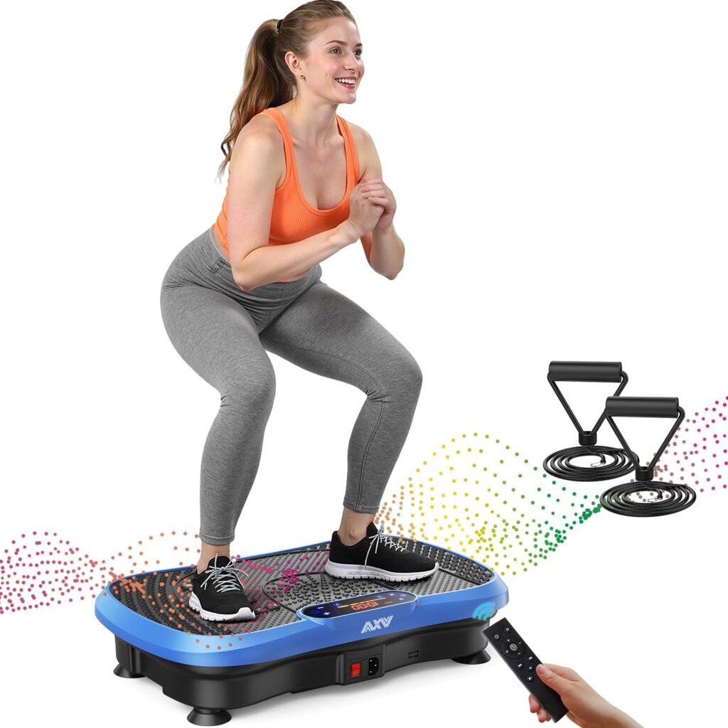 Do Vibration Plates Actually Work? - A woman using an AXV Vibration Plate. It has an image of a hand with a remote that controls the product.