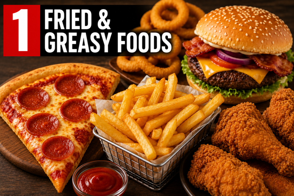 1. Fried & Greasy Foods - An image of french fries, pizza, a burger, fried chicken, and onion rings.