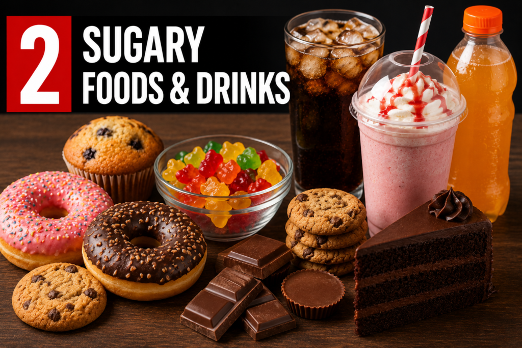 Taking Ozempic? Avoid These 5 Foods—2. Sugary Foods & Drinks. An image of donuts, cake, chocolate, cookies, gummy bears, a muffin, a glass of soda, a bottle of orange soda, and a strawberry milkshake.