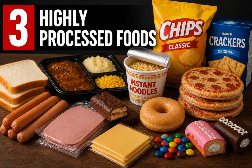 3. Highly Processed Foods - An image of cheese slices, ham, donuts, Twinkies, hot dogs, a frozen dinner, a cup of noodles, chips, and crackers.