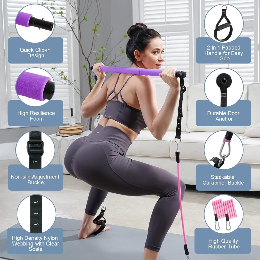 A woman bending down using a Pilates bar kit.