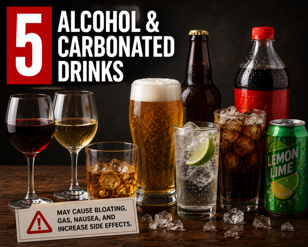 5. Alcohol & Carbonated Drinks - An image of two glasses of wine, a glass of beer, a glass of gin and tonic with a lime, a glass of soda, and a bottle of soda.