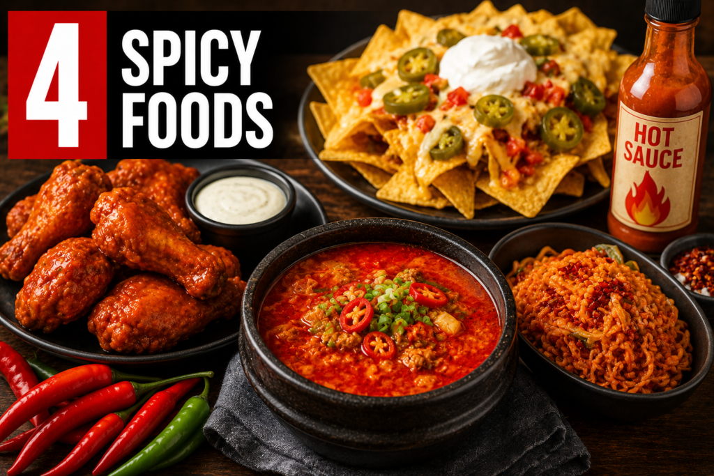 Taking Ozempic? Avoid These 5 Foods - 4. Spicy Foods. A image of nachos, buffalo wings, chili, hot sauce, peppers, and rice.