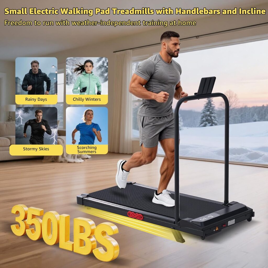 The Best Walking Pads for Small Spaces—A man running on a walking pad. It says 350 lbs limit.